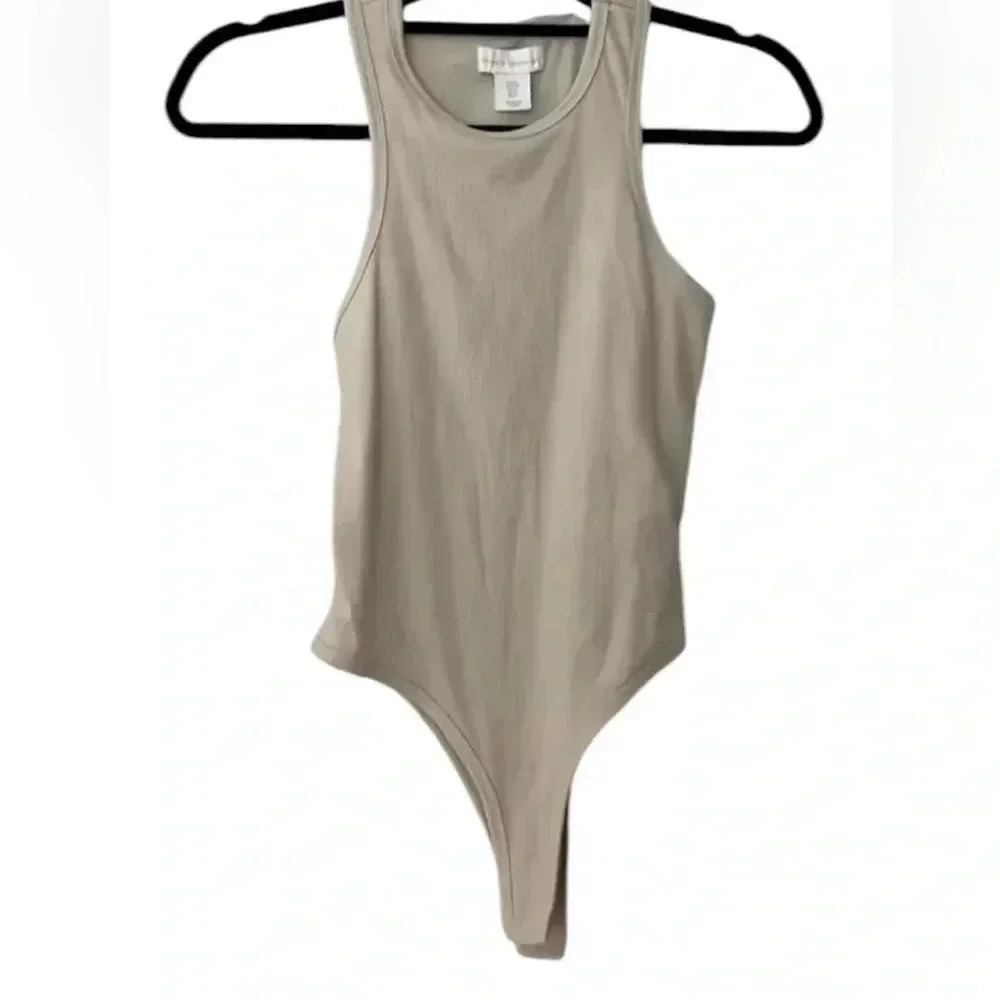 House Of Harlow 1960 Womens Ribbed Muscle Tank Bodysuit Beige Size Large